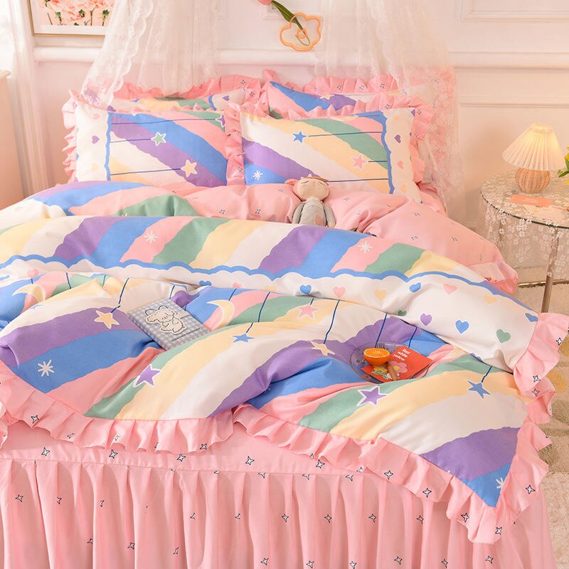 Girls Flowers Bedding Set Korean Princess Lace Ruffle Bed Skirt Quilt Cover Floral Duvet Cover Decor Home Simple Bedclothes