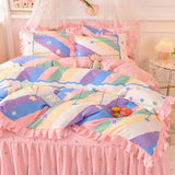 Girls Flowers Bedding Set Korean Princess Lace Ruffle Bed Skirt Quilt Cover Floral Duvet Cover Decor Home Simple Bedclothes