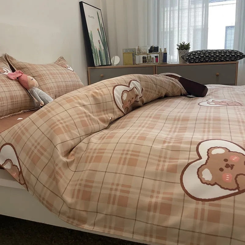 Boys Girls Bedding Set Fashion Adult Children Bed Linen Duvet Quilt Cover Pillowcase Cute Cartoon Bear Polyester Flat Sheets