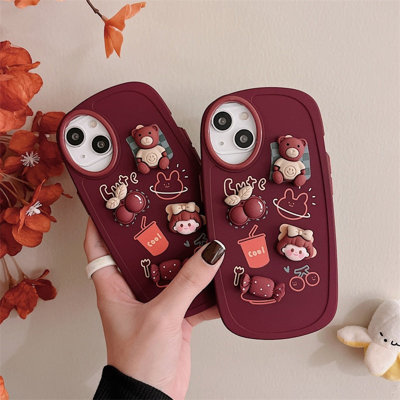 Qfdian iphone 13 pro max case For iphone 11 12 13 Pro Max XR Xs Max Phone Case Three-dimensional Cute Fashion Cartoon Girl Bear Candy Cherry Oval Frame Cover