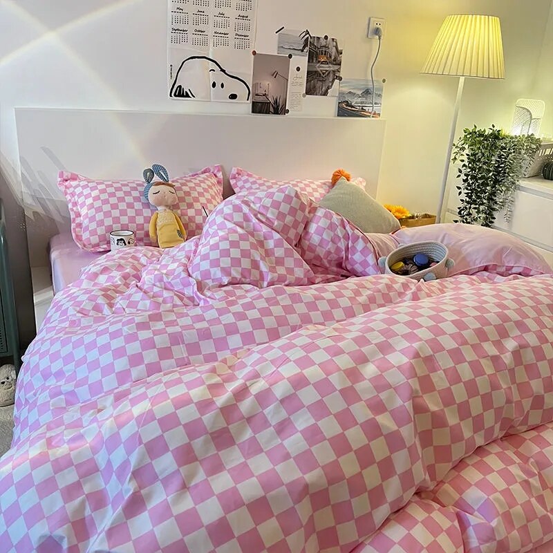 Nordic Pink Black Checkerboard Duvet Cover Sets With Pillow Case Bed Sheet Kids Girls Bedding Sets King Queen Twin Kawaii