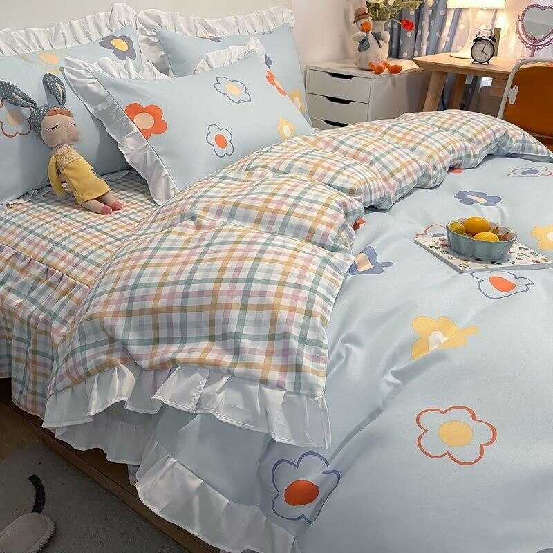 Simple Bedding Set Cute Girl Ruffle Lace Duvet Cover Bed Sheet Pillowcase Kawaii Cartoon Flower Quilt Cover 240x220cm