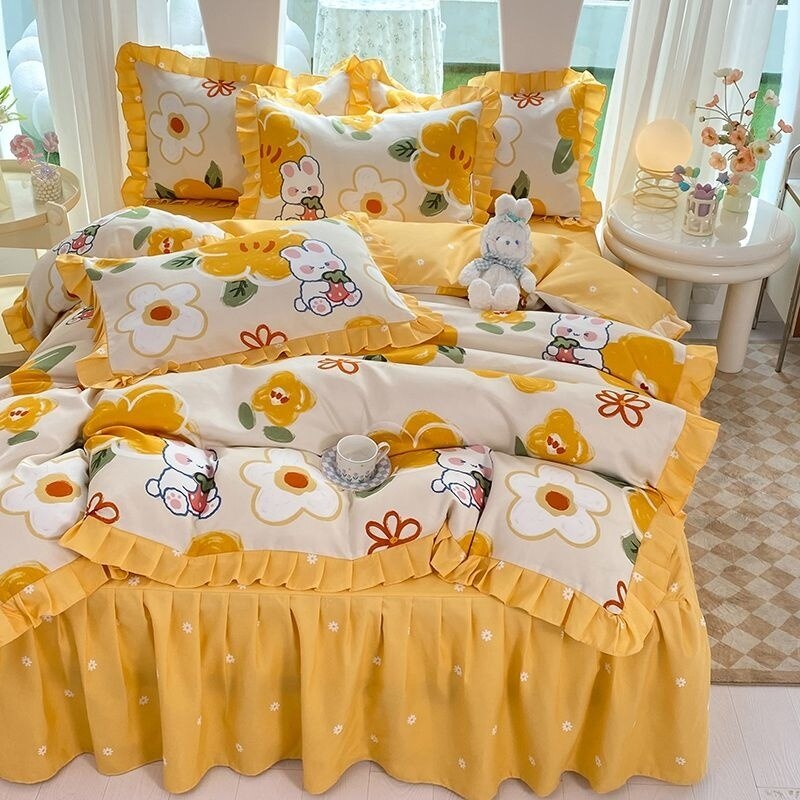 Girls Flowers Bedding Set Korean Princess Lace Ruffle Bed Skirt Quilt Cover Floral Duvet Cover Decor Home Simple Bedclothes