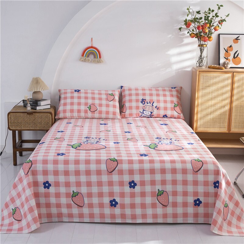 Qfdian Fashion Colorful Plaid Print Bed Sheet Set 100% Cotton Skin-friendly Single Double Bedsheet Sets Home Flat Sheet Pillow Covers