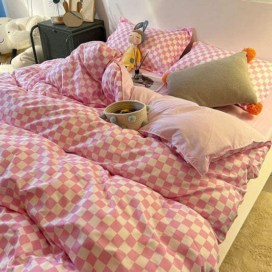 Nordic Pink Black Checkerboard Duvet Cover Sets With Pillow Case Bed Sheet Kids Girls Bedding Sets King Queen Twin Kawaii