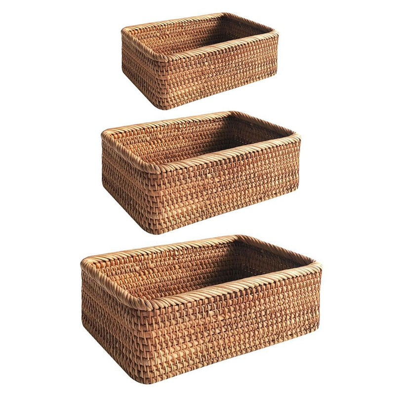 Qfdian home decor hot sale new Hand-woven Rattan Wicker Basket Fruit Tea Snack Bread Basket Cosmetic Rectangular Storage Box Household Kitchen Supplies