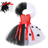 Qfdian halloween decorations halloween costumes Black White Cruella Costumes for Girls Dalmatians Tutu Dress for Kids Villian Cruella De Vil Halloween Outfit Children Clothes