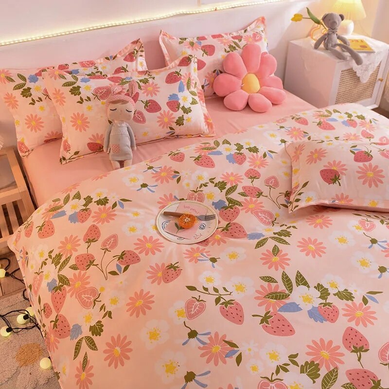 Ins Pastoral Style Green Floral Duvet Cover With Pillow Case Princess Bed Sheet Kids Girls Bedding Set King Queen Cute Kawaii