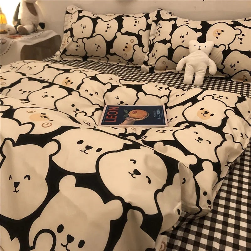 Boys Girls Bedding Set Fashion Adult Children Bed Linen Duvet Quilt Cover Pillowcase Cute Cartoon Bear Polyester Flat Sheets