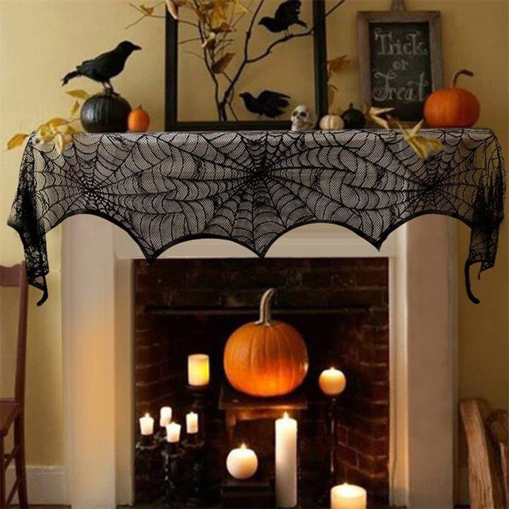 Qfdian halloween decorations halloween costumes halloween gift Halloween Bat Table Runner Black Spider Web Lace Tablecloth Fireplace Curtain for Halloween Party Decoration Horror House Props