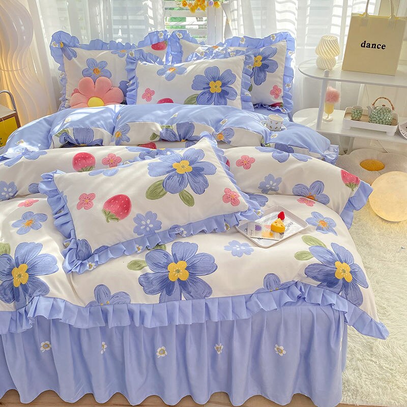 Girls Flowers Bedding Set Korean Princess Lace Ruffle Bed Skirt Quilt Cover Floral Duvet Cover Decor Home Simple Bedclothes