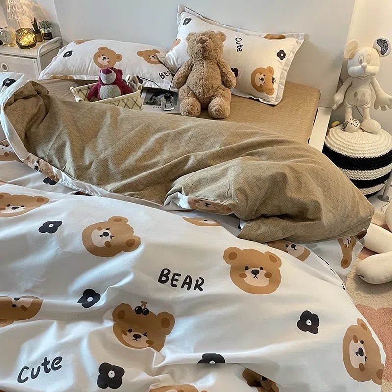 Boys Girls Bedding Set Fashion Adult Children Bed Linen Duvet Quilt Cover Pillowcase Cute Cartoon Bear Polyester Flat Sheets