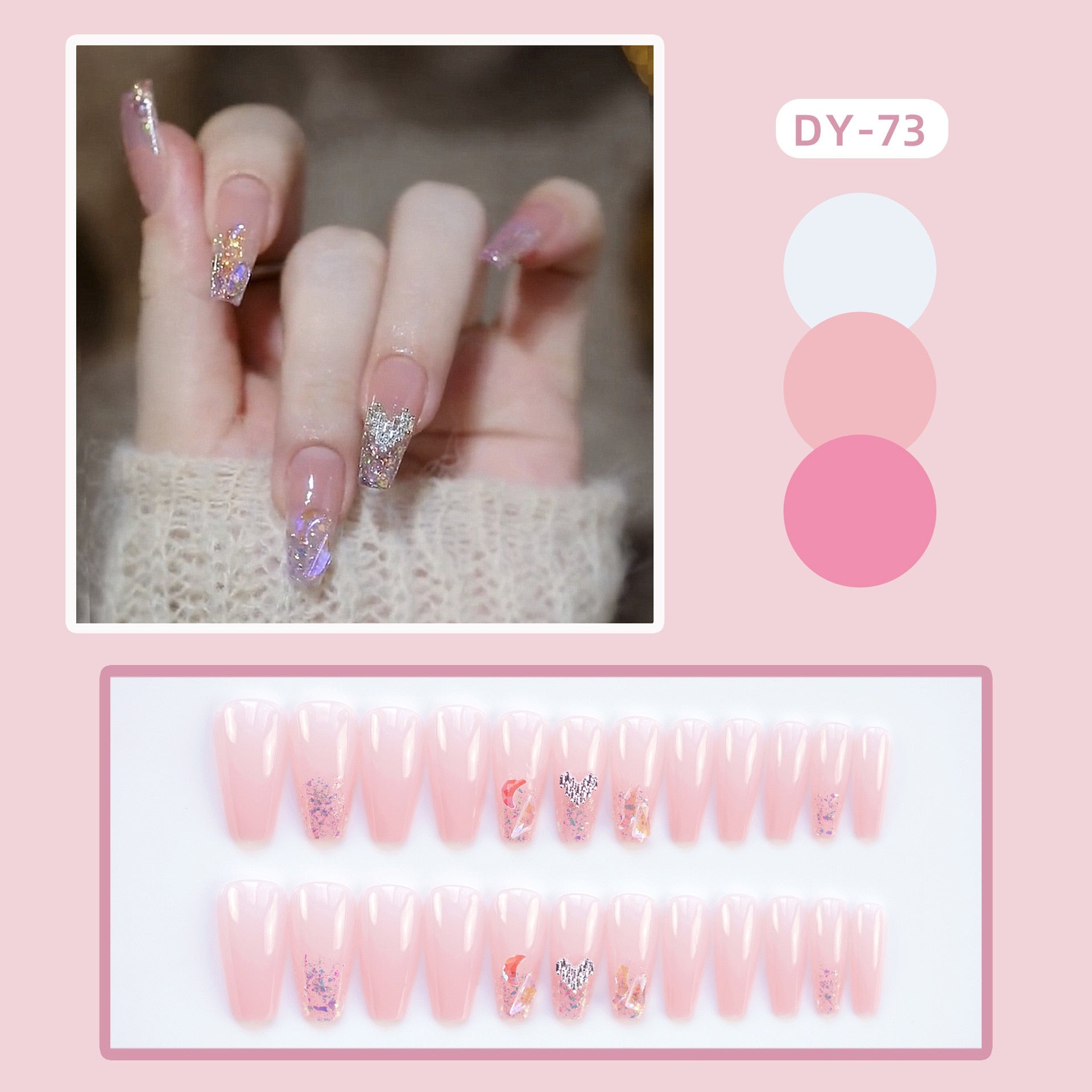 24Pcs Coffin Pink False Nails 3D Heart Diamond y2k Mid-length Fake Nails Full Finished Tulip Pattern Fake Nail Patches For Girls