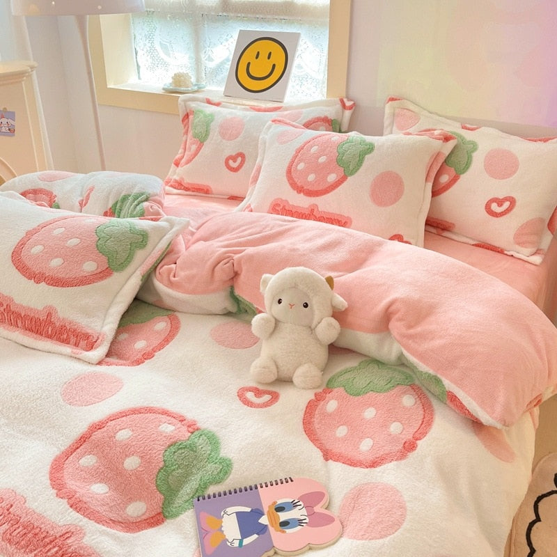 Winter Thick Warm Plush Comforter Cover Queen Bedding Sets Cartoon Quilt Cover Bed Sheet Pillowcase 4pcs Luxury Bed Linens