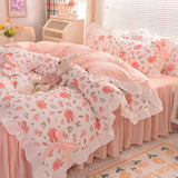 Ins Fashion Solid Bedding Set with Fitted Bed Sheet Cute Princess AB Double Sided Ruffle Quilt Cover Pillowcase Full Queen King