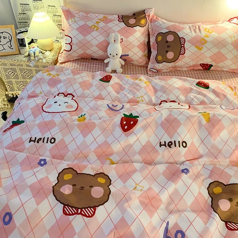 Boys Girls Bedding Set Fashion Adult Children Bed Linen Duvet Quilt Cover Pillowcase Cute Cartoon Bear Polyester Flat Sheets