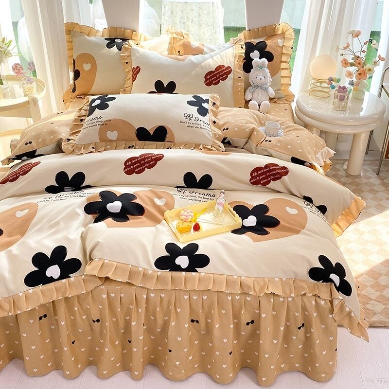 Girls Flowers Bedding Set Korean Princess Lace Ruffle Bed Skirt Quilt Cover Floral Duvet Cover Decor Home Simple Bedclothes