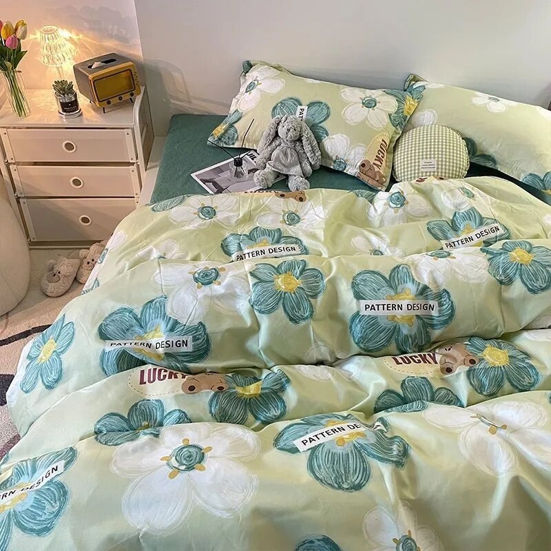 Ins Pastoral Style Green Floral Duvet Cover With Pillow Case Princess Bed Sheet Kids Girls Bedding Set King Queen Cute Kawaii