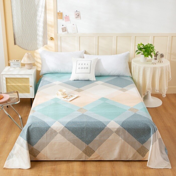 Qfdian Fashion Colorful Plaid Print Bed Sheet Set 100% Cotton Skin-friendly Single Double Bedsheet Sets Home Flat Sheet Pillow Covers