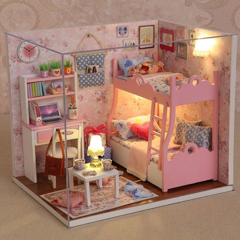 Qfdian Mini Dollhouse kit with Dust Cover Diy Wooden Doll House Miniatures Kit Dollhouse Furniture Accessories Toys for Childre