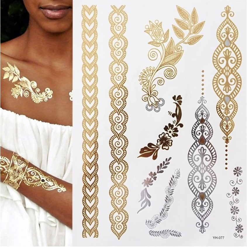 Qfdian gifts for women hot sale new Temporary Tattoos Gold Silver Boho Waterproof Flash Fake Tattoo Sticker Designs for Women Girls Body Art Jewelry Bracelet Decal