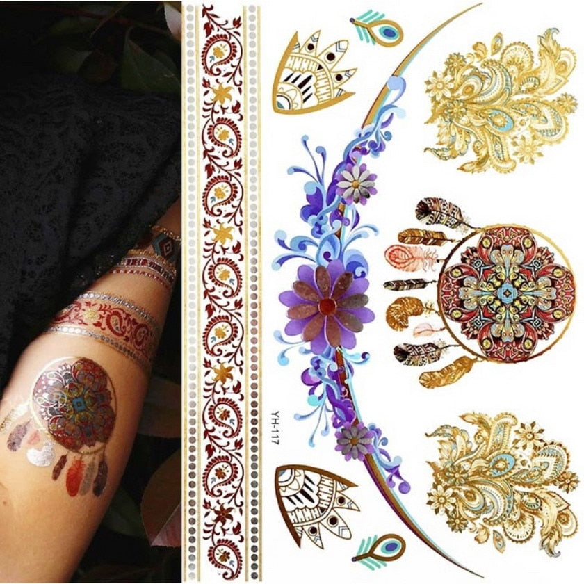 Qfdian gifts for women hot sale new Temporary Tattoos Gold Silver Boho Waterproof Flash Fake Tattoo Sticker Designs for Women Girls Body Art Jewelry Bracelet Decal