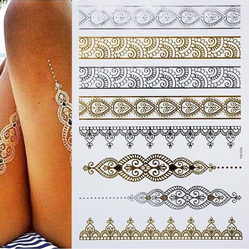 Qfdian gifts for women hot sale new Temporary Tattoos Gold Silver Boho Waterproof Flash Fake Tattoo Sticker Designs for Women Girls Body Art Jewelry Bracelet Decal