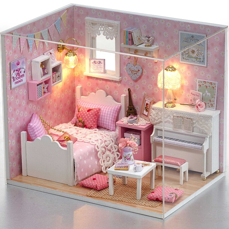 Qfdian Mini Dollhouse kit with Dust Cover Diy Wooden Doll House Miniatures Kit Dollhouse Furniture Accessories Toys for Childre