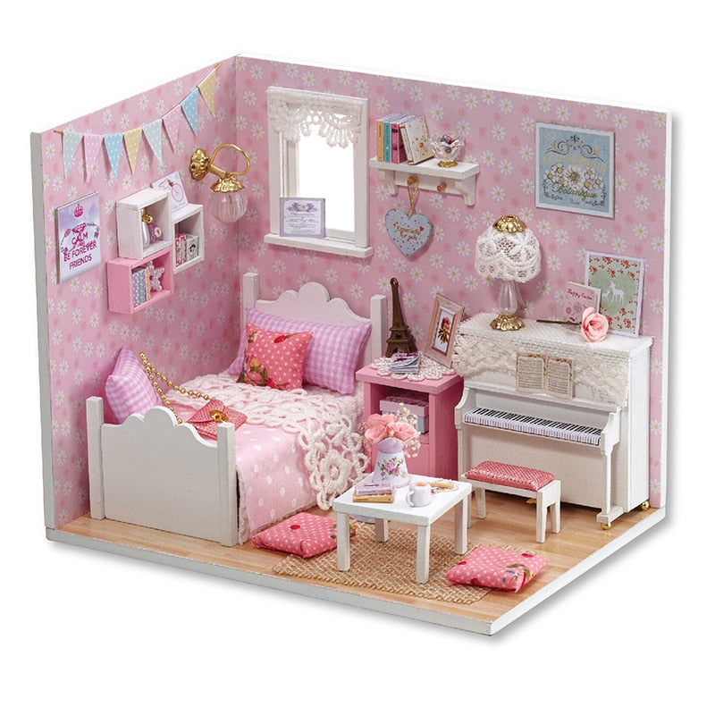 Qfdian Mini Dollhouse kit with Dust Cover Diy Wooden Doll House Miniatures Kit Dollhouse Furniture Accessories Toys for Childre