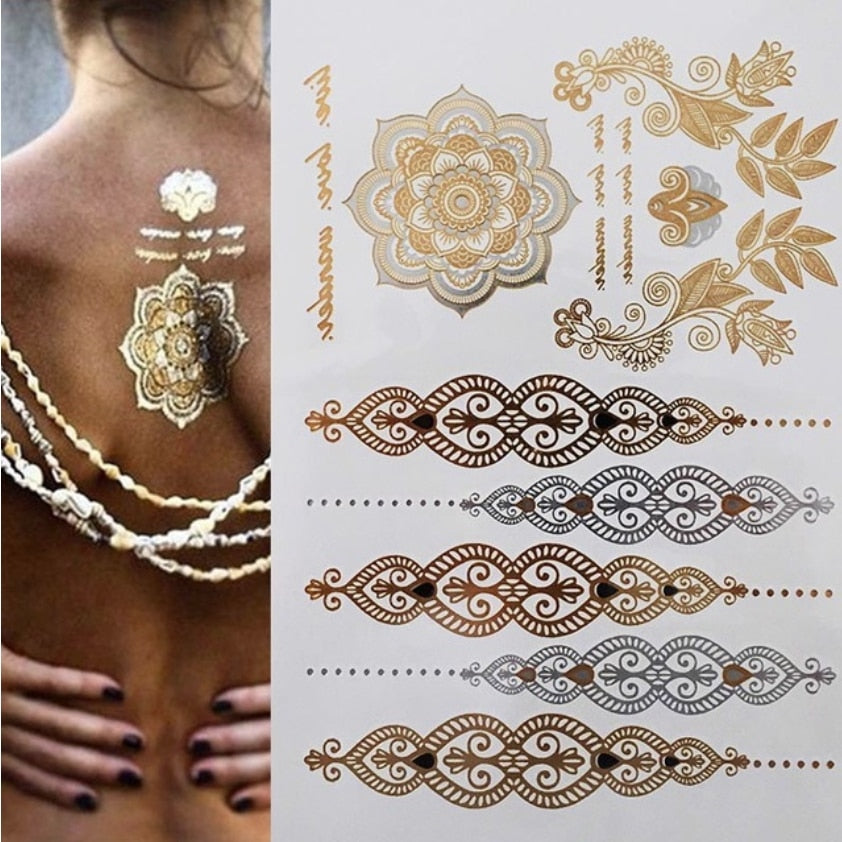 Qfdian gifts for women hot sale new Temporary Tattoos Gold Silver Boho Waterproof Flash Fake Tattoo Sticker Designs for Women Girls Body Art Jewelry Bracelet Decal