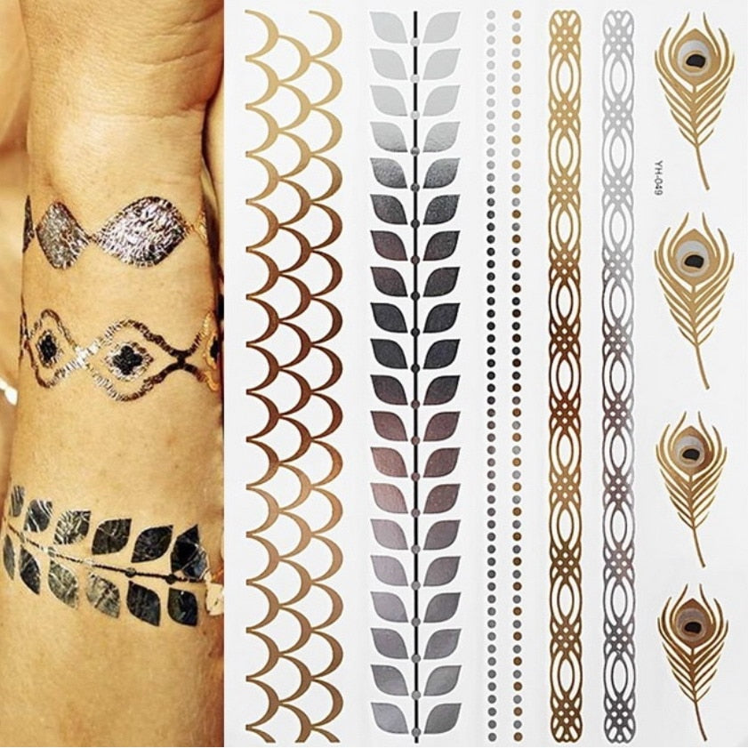 Qfdian gifts for women hot sale new Temporary Tattoos Gold Silver Boho Waterproof Flash Fake Tattoo Sticker Designs for Women Girls Body Art Jewelry Bracelet Decal