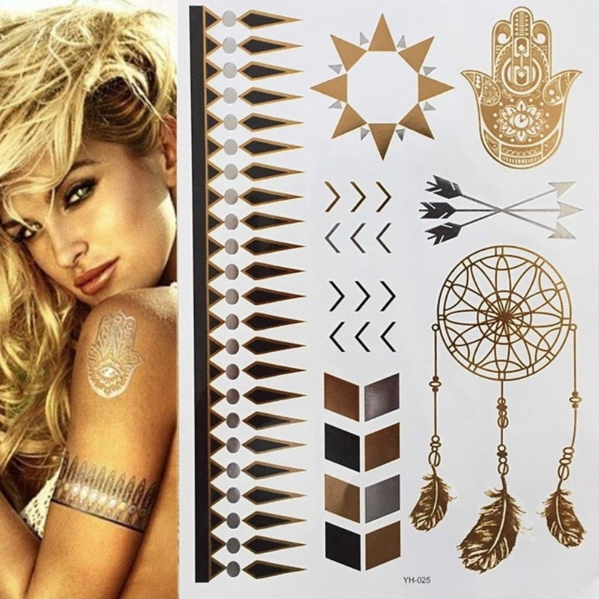 Qfdian gifts for women hot sale new Temporary Tattoos Gold Silver Boho Waterproof Flash Fake Tattoo Sticker Designs for Women Girls Body Art Jewelry Bracelet Decal