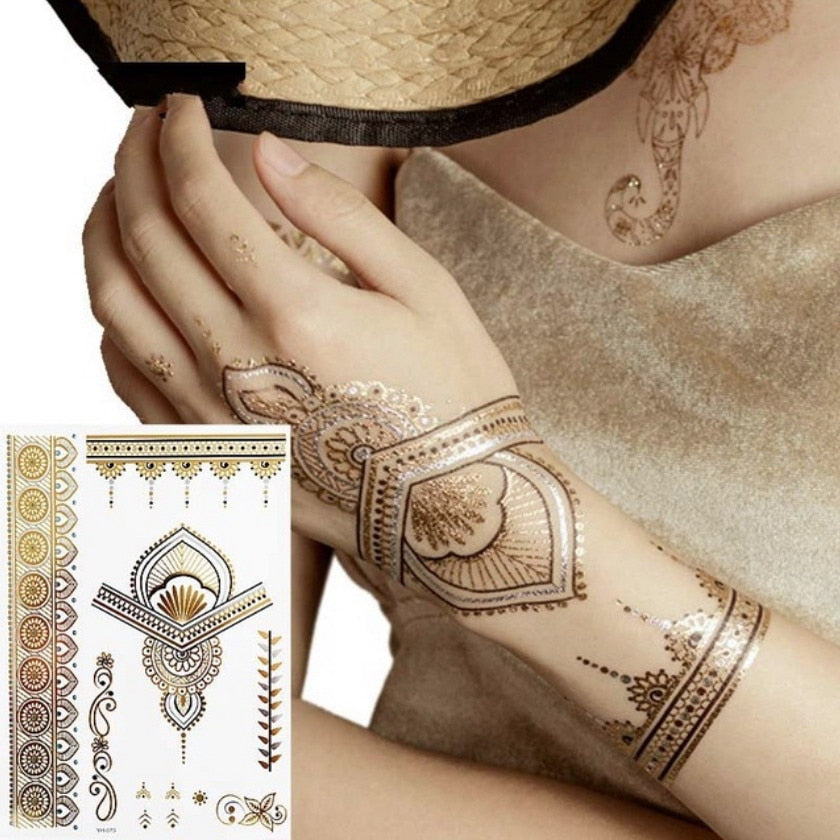 Qfdian gifts for women hot sale new Temporary Tattoos Gold Silver Boho Waterproof Flash Fake Tattoo Sticker Designs for Women Girls Body Art Jewelry Bracelet Decal