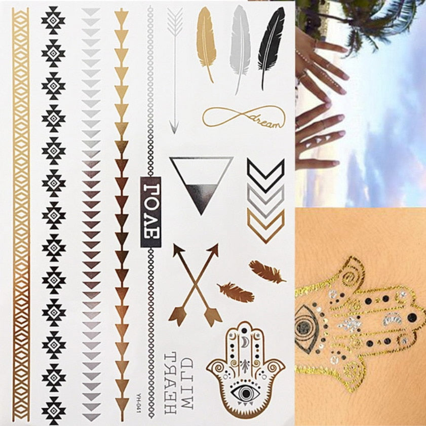 Qfdian gifts for women hot sale new Temporary Tattoos Gold Silver Boho Waterproof Flash Fake Tattoo Sticker Designs for Women Girls Body Art Jewelry Bracelet Decal