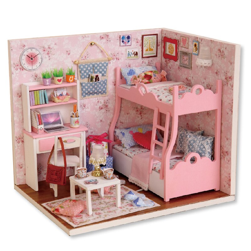 Qfdian Mini Dollhouse kit with Dust Cover Diy Wooden Doll House Miniatures Kit Dollhouse Furniture Accessories Toys for Childre