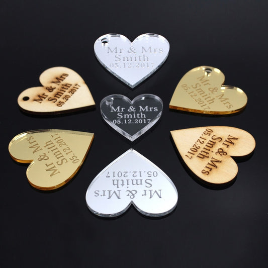 Qfdian Party decoration 100x Personalized Laser Engraved Love Hearts Centerpieces Gold / Silver Mirror / Wood Tags Wedding Party Table Decoration Favors