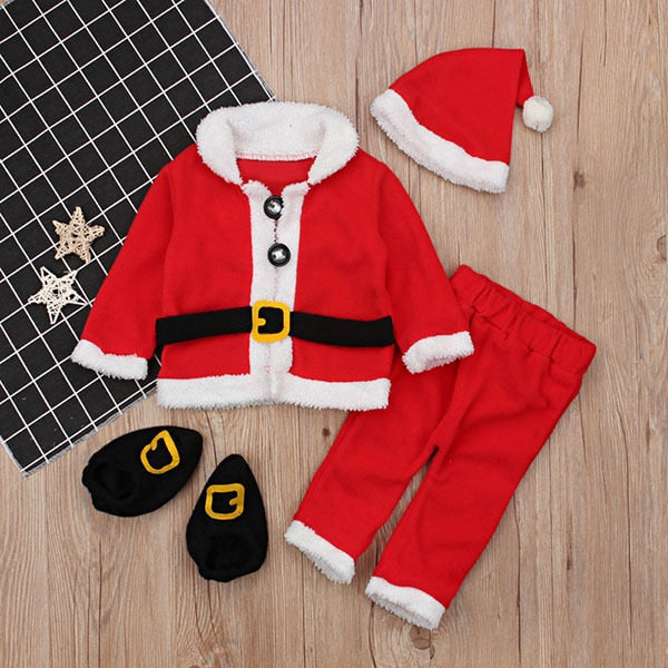 qfdian Good Quality Newborn  Clothes 4PCS Santa Claus Cosplay Costume Toddler Clothing Suit for Boys Girls Climbing Suit Christmas Suit