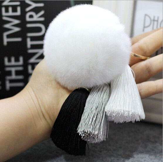 qfdian Fashion Keychain Natural Rex Rabbit Fur Fluffy Key Chains For Handbags Ring Pom Trendy Women Bag Pendant Plush Car Ornament