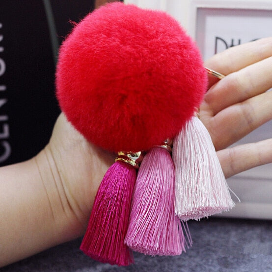 qfdian Fashion Keychain Natural Rex Rabbit Fur Fluffy Key Chains For Handbags Ring Pom Trendy Women Bag Pendant Plush Car Ornament