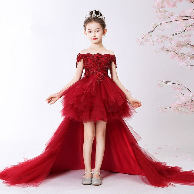 Qfdian Christmas decor ideas Long Trailing Flower Christmas Girl Dress Wedding Princess Tutu Party Events Dresses For Teenage Girl Dress Ceremonies Clothes