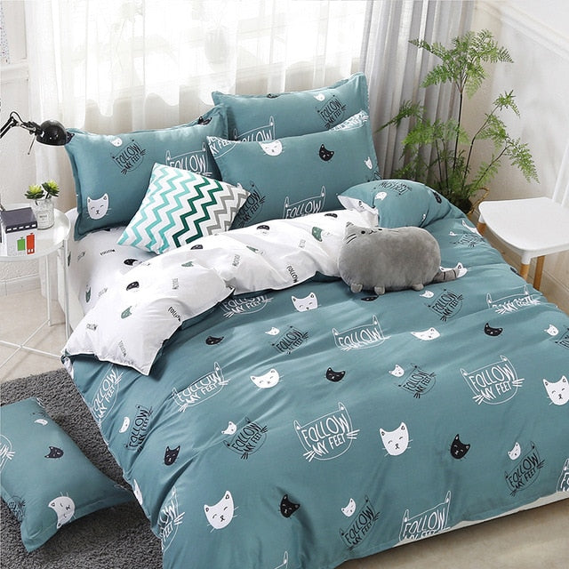 Qfdian Cozy apartment aesthetic Solstice Home Textile Cyan Cute Cat Kitty Duvet Cover Pillow Case Bed Sheet Boy Kid Teen Girl Bedding Covers Set King Queen Twin