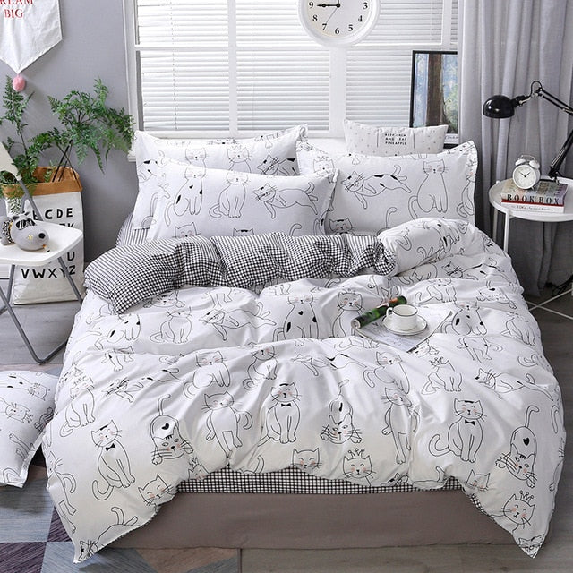 Qfdian Cozy apartment aesthetic Solstice Home Textile Cyan Cute Cat Kitty Duvet Cover Pillow Case Bed Sheet Boy Kid Teen Girl Bedding Covers Set King Queen Twin