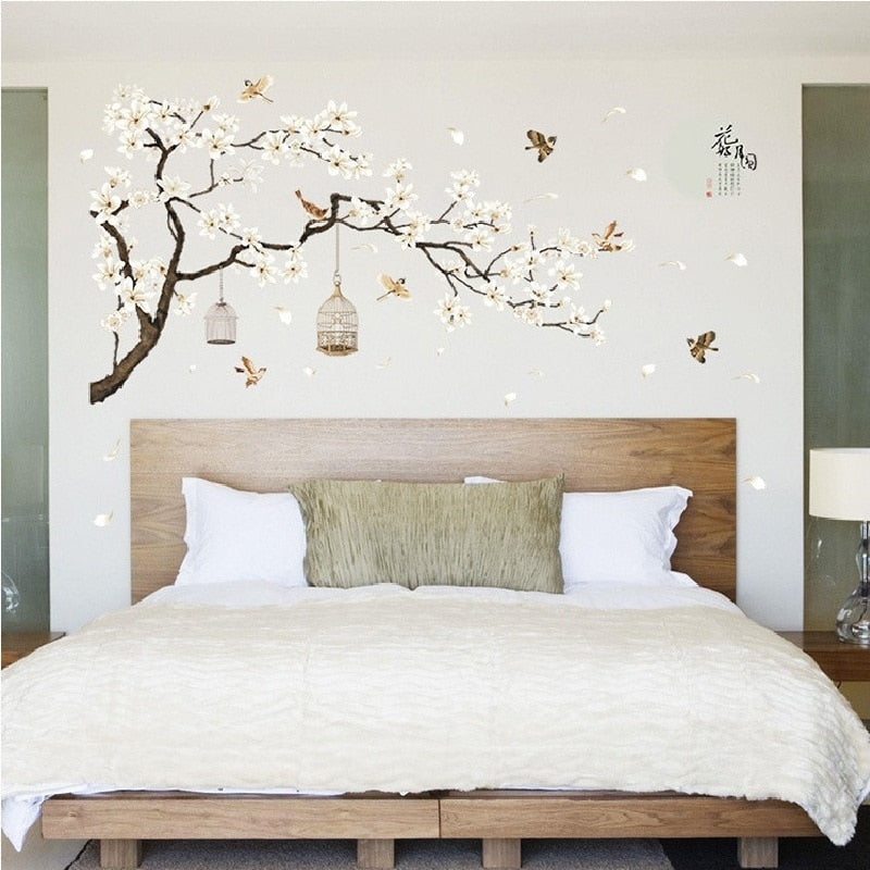 Qfdian Cozy apartment aesthetic valentines day decoration 187*128cm Big Size Tree Wall Stickers Birds Flower Home Decor Wallpapers for Living Room Bedroom DIY Vinyl Rooms Decoration