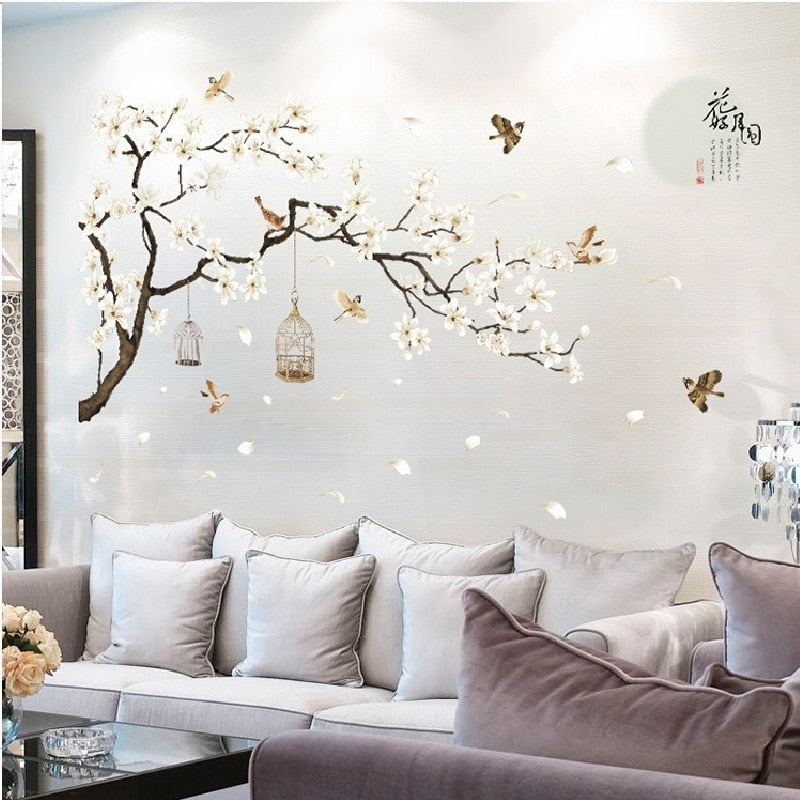 Qfdian Cozy apartment aesthetic valentines day decoration 187*128cm Big Size Tree Wall Stickers Birds Flower Home Decor Wallpapers for Living Room Bedroom DIY Vinyl Rooms Decoration