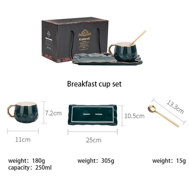 Qfdian valentines day gifts  Green Coffee Cup Set With Mat And Lid Spoon Milk Ceramic Cup Breakfast Tableware Set Couple Mug Birthday Gift Box