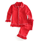 QFDIAN kids children clothes blank sleepwear cotton christmas ruffle frill  toddler girl pajamas set