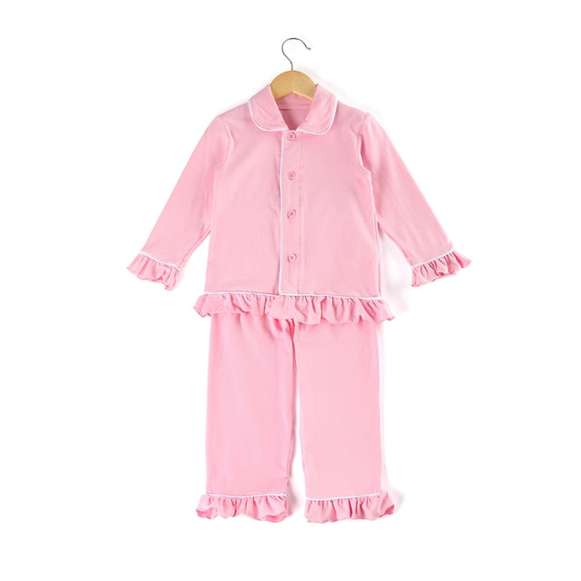 QFDIAN kids children clothes blank sleepwear cotton christmas ruffle frill  toddler girl pajamas set