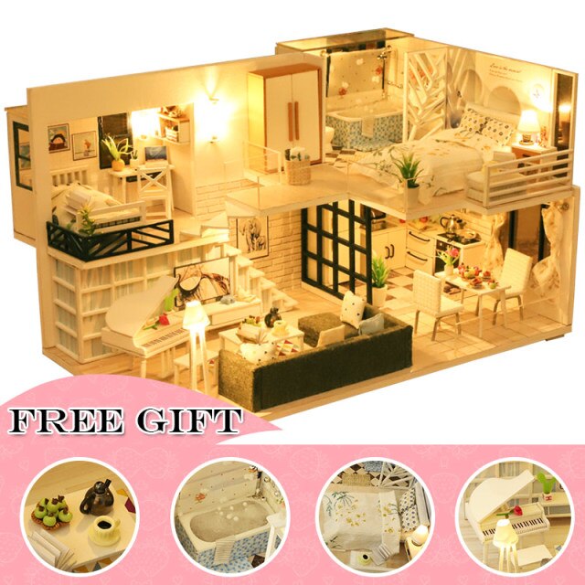 Qfdian DIY Doll House Wooden Doll Houses Miniature Dollhouse Furniture Kit with LED Toys for Children Christmas Birthday Gift