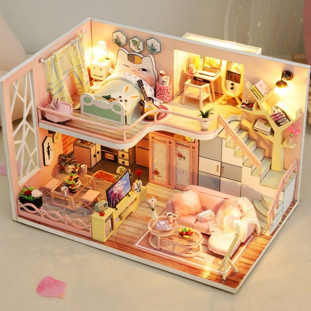 Qfdian DIY Doll House Wooden Doll Houses Miniature Dollhouse Furniture Kit with LED Toys for Children Christmas Birthday Gift