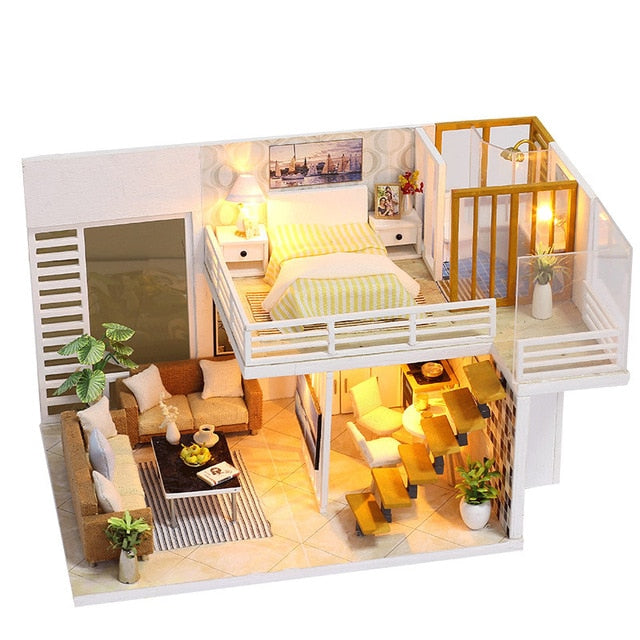 Qfdian DIY Doll House Wooden Doll Houses Miniature Dollhouse Furniture Kit with LED Toys for Children Christmas Birthday Gift